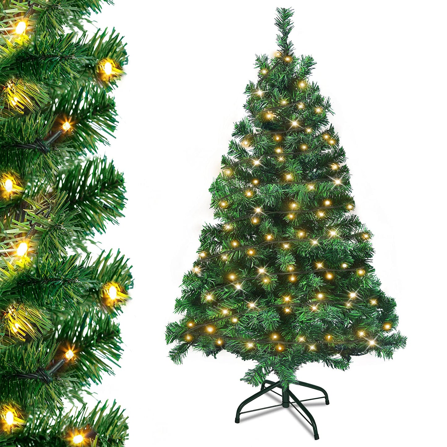 Artificial Christmas tree with lighting 180 warm white LEDs including metal stand 367 tips, PVC Christmas tree for Christmas decoration reusable (150cm, Green PVC+LED)