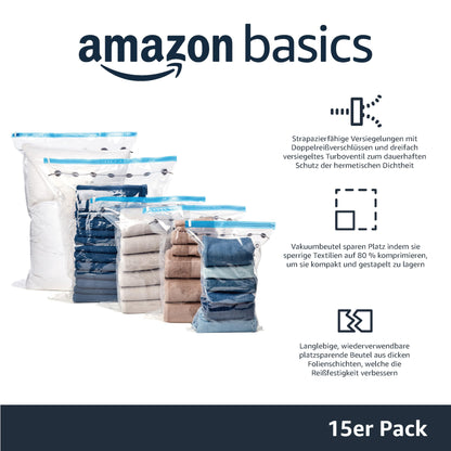 Amazon Basics Vacuum Bags for Clothes with Airtight Valve and Hand Pump - 2 x X-Jumbo, 5 x Jumbo, 4 x Large, 4 x Medium, 15-Pack, 15 pieces, 1-Pack, Zipper, Transparent