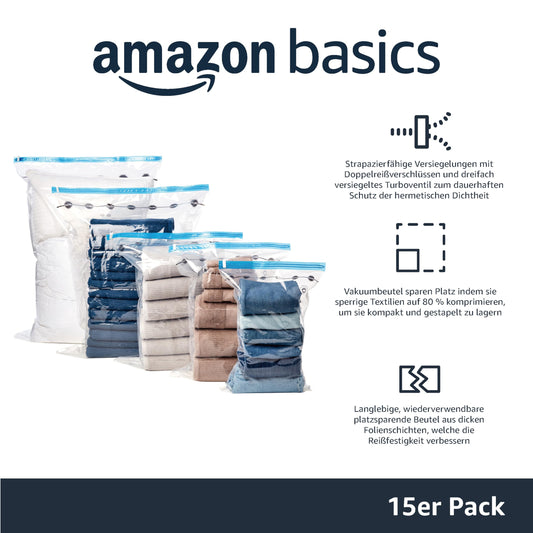 Amazon Basics Vacuum Bags for Clothes with Airtight Valve and Hand Pump - 2 x X-Jumbo, 5 x Jumbo, 4 x Large, 4 x Medium, 15-Pack, 15 pieces, 1-Pack, Zipper, Transparent