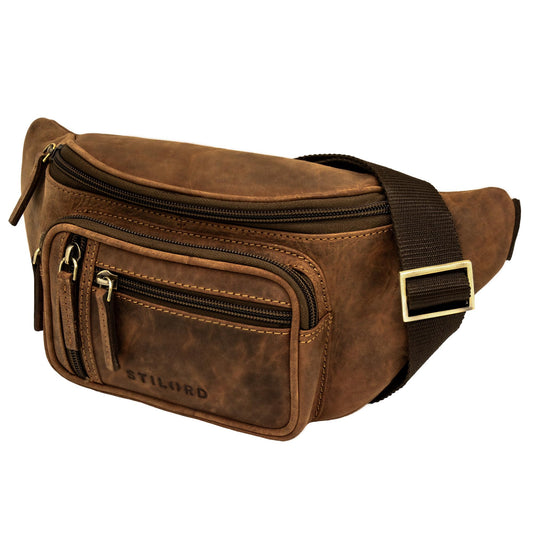 STILORD 'Greg' Vintage leather fanny pack waist bag for men and women - perfect for travel, festivals, and outdoor activities - modern genuine leather belt bag with large adjustable strap in Veleta brown color.