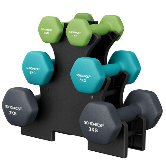 SONGMICS Dumbbell Set, Hexagon, with Dumbbell Rack, 2 x 1 kg, 2 x 2 kg, 2 x 3 kg, matte finish, Neoprene coating, strength training, at home, lime green, aquamarine, and dark gray SYL612G02