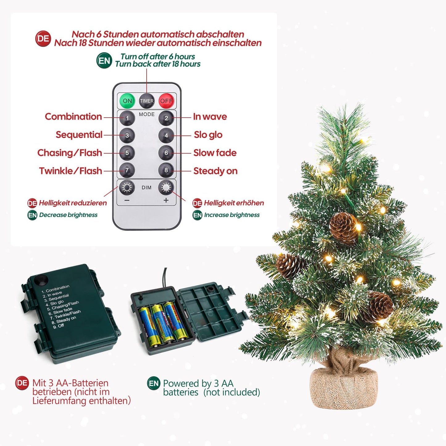 Yorbay Mini Christmas tree with LED lighting and white snow, 40cm pine tree with star tree topper and real pine cone, for Christmas decoration, Advent.