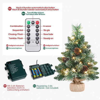 Yorbay Mini Christmas tree with LED lighting and white snow, 40cm pine tree with star tree topper and real pine cone, for Christmas decoration, Advent.