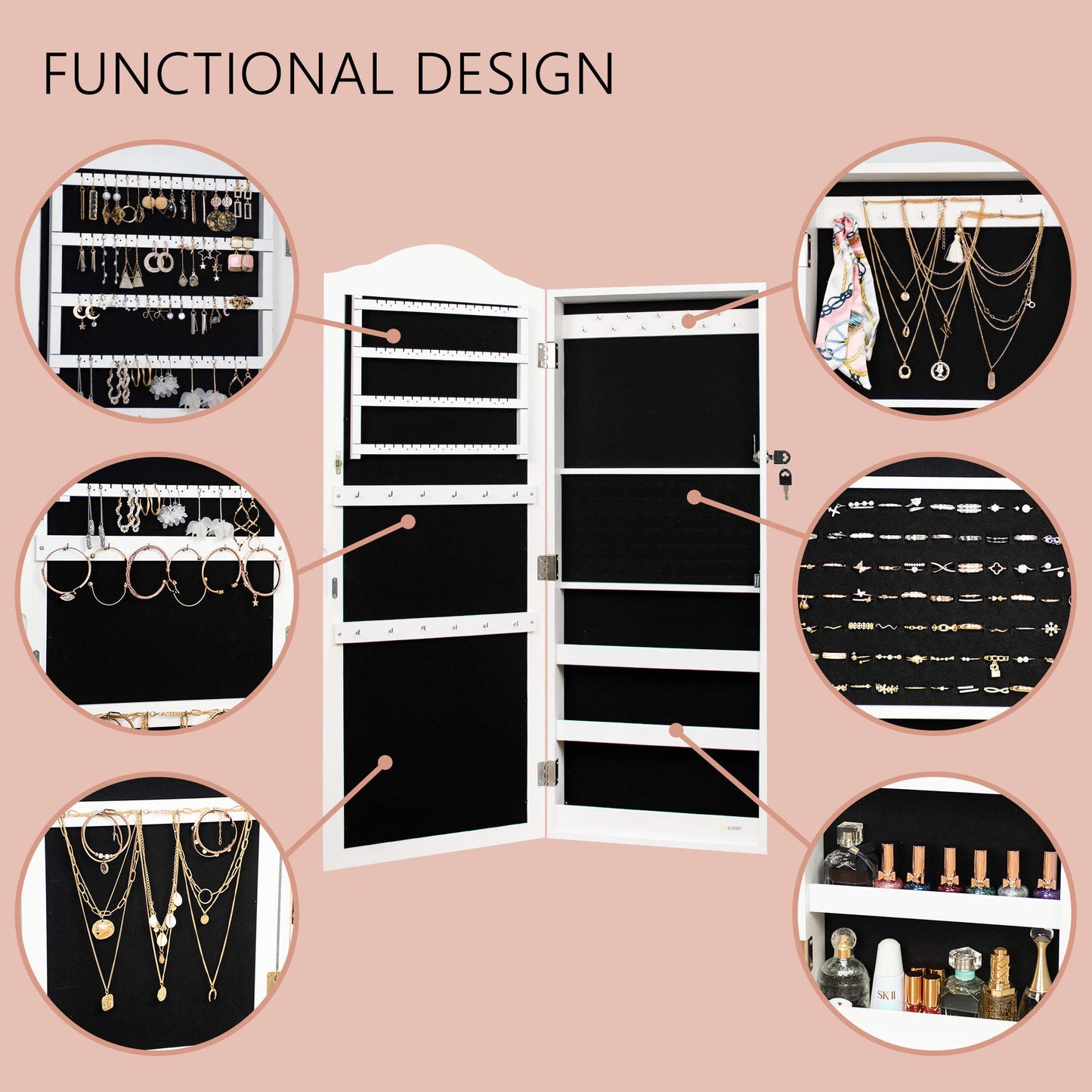 Ezigoo Large Jewelry Cabinet with Mirror - High capacity for jewelry storage, wall mountable and secure