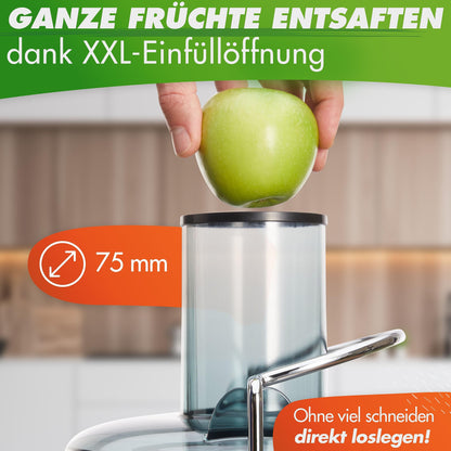 Nutrilovers *award winner* QUICK-JUICER Juicer Stainless Steel for Fruits and Vegetables I XXL chute for juicing whole fruits, 800W, 2 speeds, BPA-free incl. drinking bottle + recipe book & app