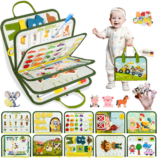 Busy Board German Montessori for 2 3 years, 10 in 1 Montessori toy Activity Board motor skills toy & educational toy for 2 3 4 5 years, Farm Busy Book toddler toy for long trips.