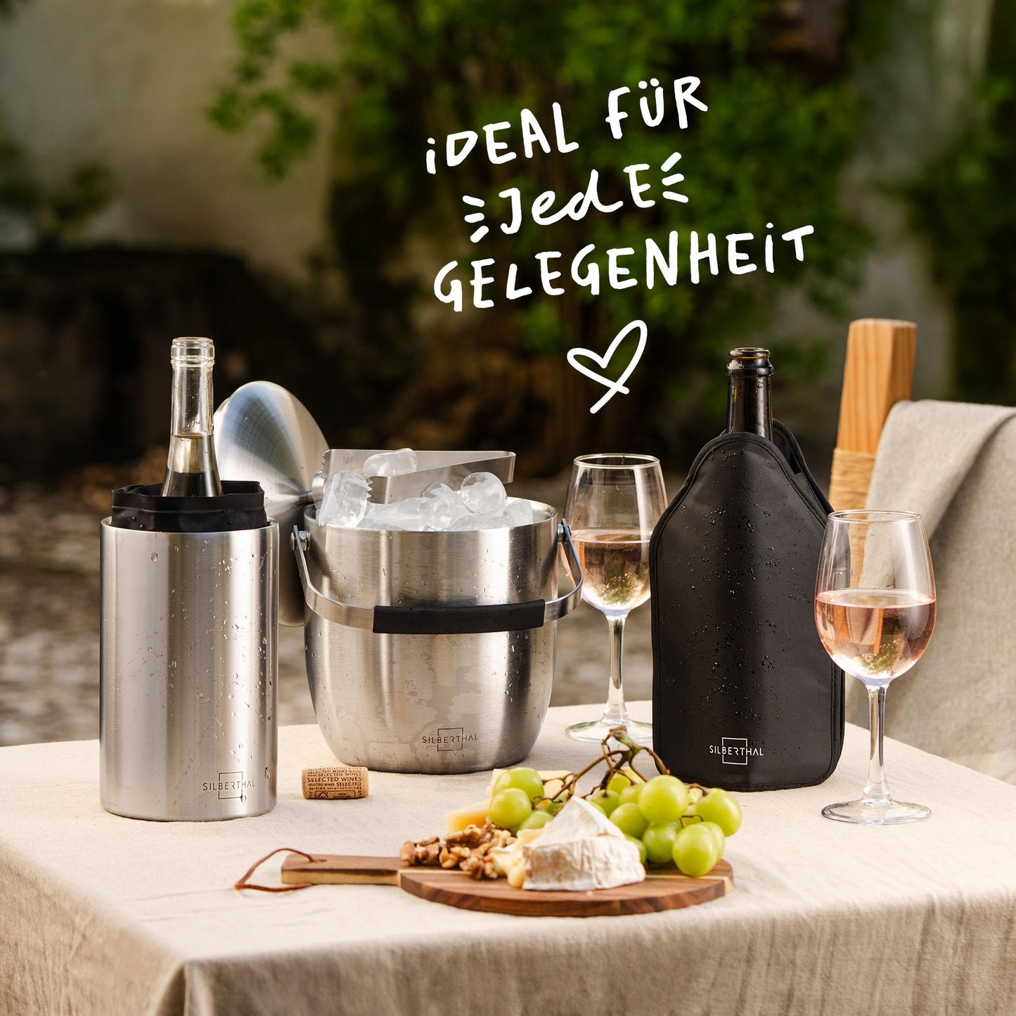 SILBERTHAL Wine Cooler Stainless Steel Double-walled with 2 Cooling Elements - Active Cooling with Cooling Sleeves - Ideal for White Wine and Rosé