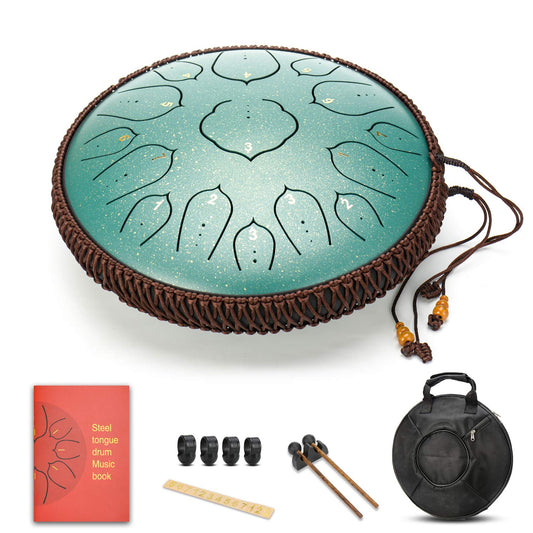 AMKOSKR Steel Tongue Drum, 14 inch 35 cm Steel Tongue Drum, D major 15 notes, Hand Drum HandPan Drum with drumsticks/ carrying bag (Green)