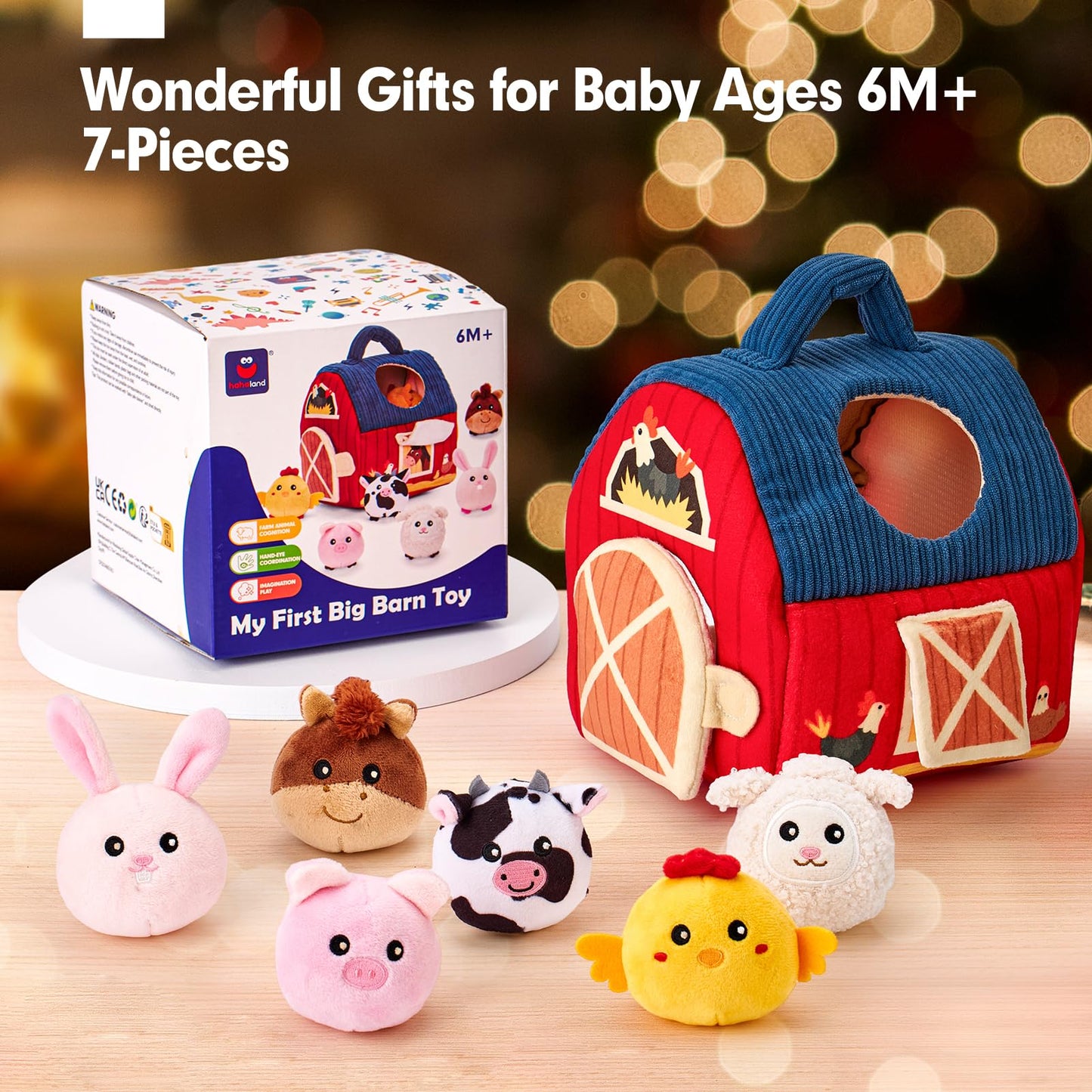 hahaland Baby Toys 6-12 Months - Farm Original Montessori Sensory Toy with Barn · 6 Animal Rattles & Mirror · Kids Motor Skills Toy 1-3 Years · Christmas and Easter Gift