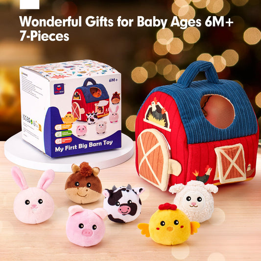 hahaland Baby Toys 6-12 Months - Farm Original Montessori Sensory Toy with Barn · 6 Animal Rattles & Mirror · Kids Motor Skills Toy 1-3 Years · Christmas and Easter Gift