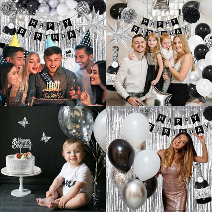 Black Silver Birthday Decorations, Silver Black White Party Decor Set with Happy Birthday Banner, Confetti Balloons, Sash, Tablecloth, Curtain, Pom Poms for Men Women Boys Girls Birthday Party Decor.