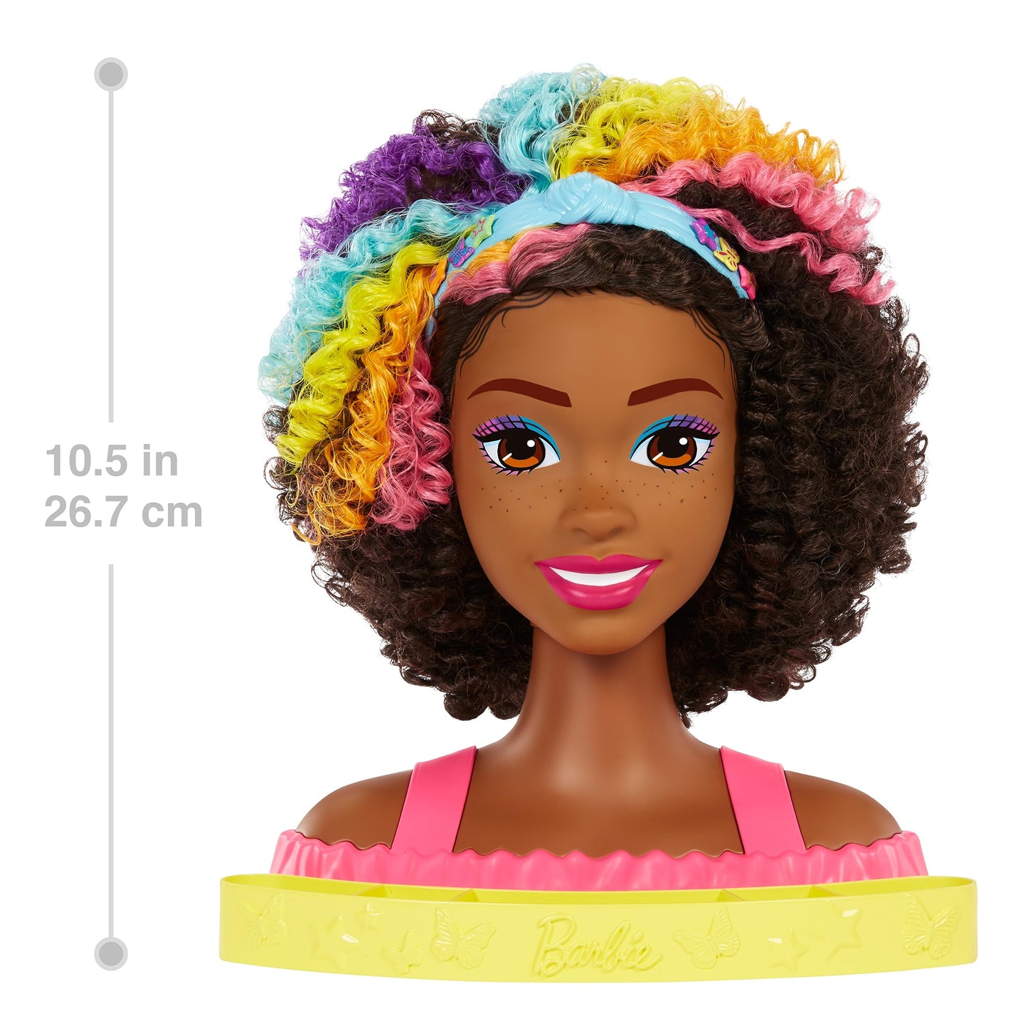 Barbie HMD79 - Barbie Deluxe Styling Head, Barbie Totally Hair, curly brown neon rainbow hair, doll head for hair styling, Color Reveal accessories, for ages 3+.