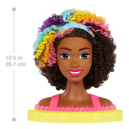 Barbie HMD79 - Barbie Deluxe Styling Head, Barbie Totally Hair, curly brown neon rainbow hair, doll head for hair styling, Color Reveal accessories, for ages 3+.