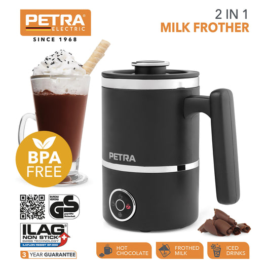 Petra PT5133VDEEU10 Chocolisse hot chocolate machine with whisk, 300ml/150ml milk frother, cold function for iced coffee, hot/cold, light/thick foam, touch control panel, Black