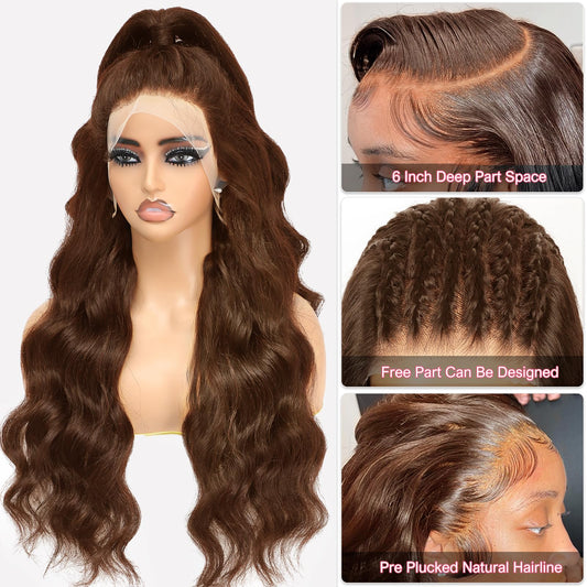 Alionly human hair wig 13x6 Chocolate Brown Body Wave HD Lace Front Wig Pre-plucked Brazilian virgin natural human hair #4 Light Brown Frontal Wigs for Women with Baby Hair 32 Inch