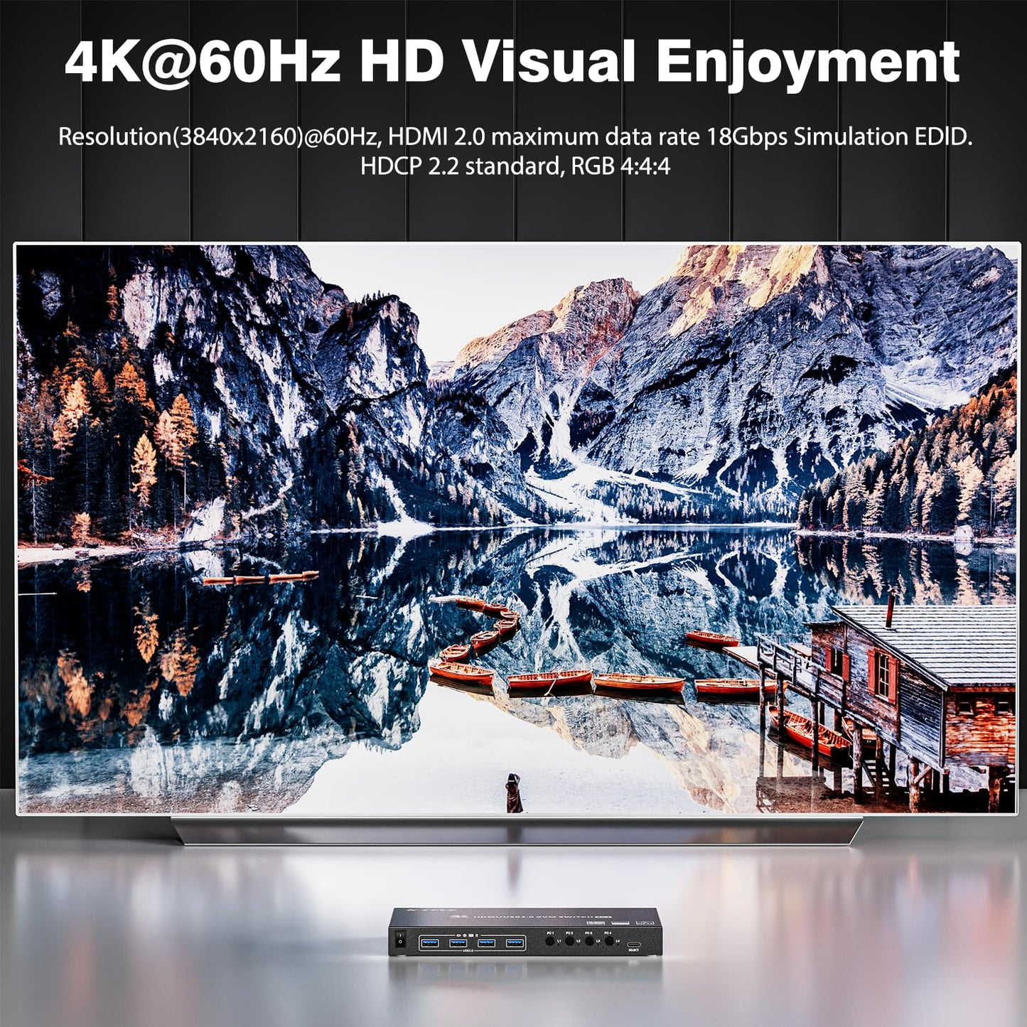 USB3.0 KVM Switch HDMI 4 Ports 4K@60Hz Simulation EDID, ESKEVE HDMI2.0 KVM Switch 4 PC 1 Monitor 2K@120Hz for sharing 4 PCs and 1 monitor, with Wired Remote and HDMI+USB3.0 Cables