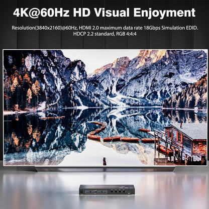 USB3.0 KVM Switch HDMI 4 Ports 4K@60Hz Simulation EDID, ESKEVE HDMI2.0 KVM Switch 4 PC 1 Monitor 2K@120Hz for sharing 4 PCs and 1 monitor, with Wired Remote and HDMI+USB3.0 Cables