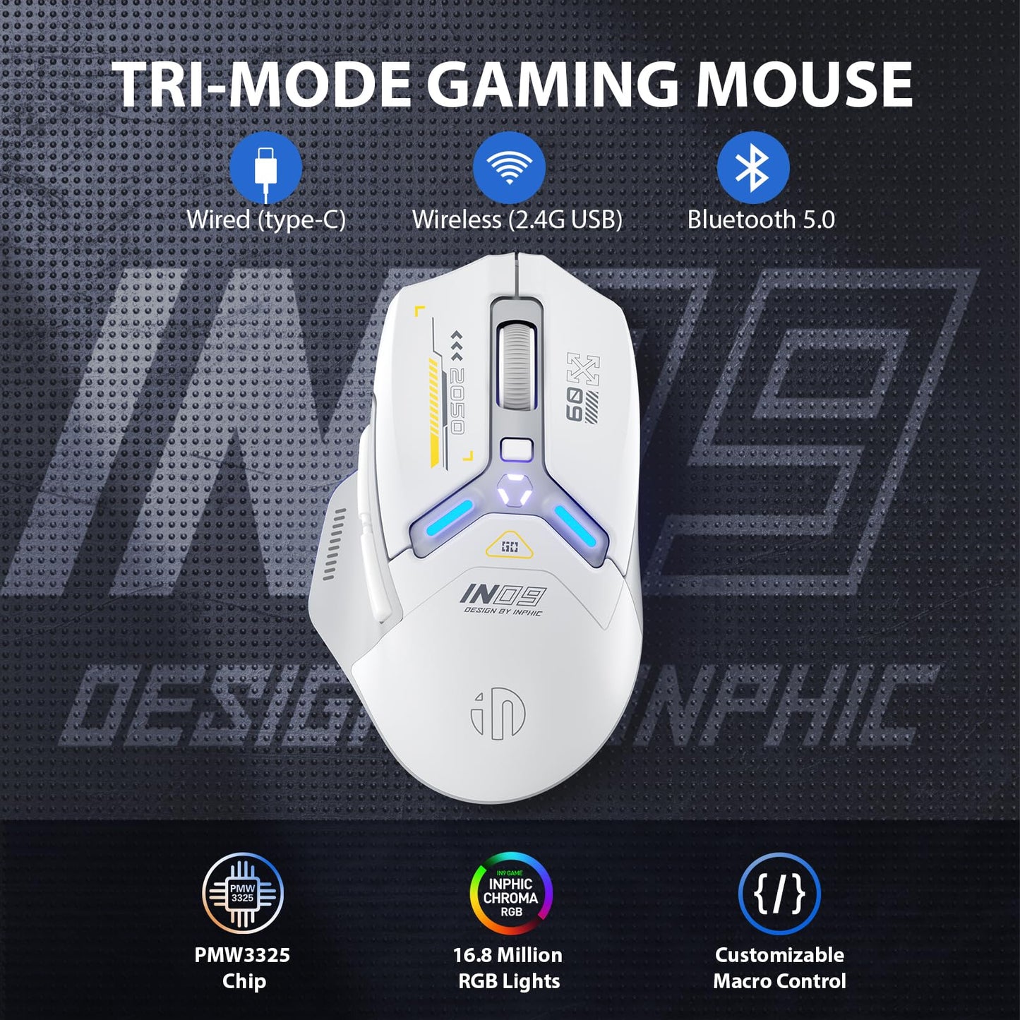 Inphic IN9 Gaming Mouse wireless, real Tri-Mode 2.4G Wireless/Type-C Wired/Bluetooth Mouse, 10k DPI, fully programmable, RGB lighting, Hyperspeed rechargeable wireless mouse for laptop PC.