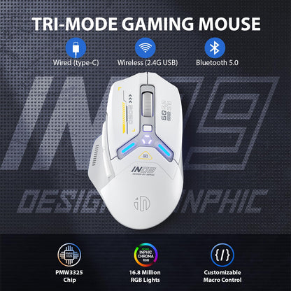 Inphic IN9 Gaming Mouse wireless, real Tri-Mode 2.4G Wireless/Type-C Wired/Bluetooth Mouse, 10k DPI, fully programmable, RGB lighting, Hyperspeed rechargeable wireless mouse for laptop PC.
