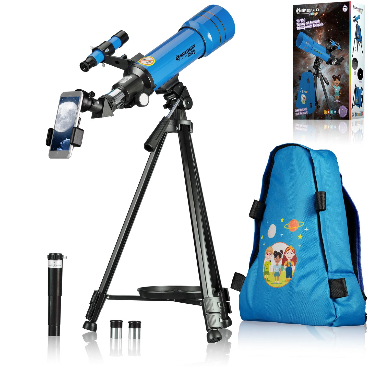 Bresser Junior Children's Telescope 70/400 Lens Telescope for Kids aged 8+, Astronomy Beginners, Telescope with Backpack, Accessories & Smartphone Holder, Observation of the Night Sky Blue