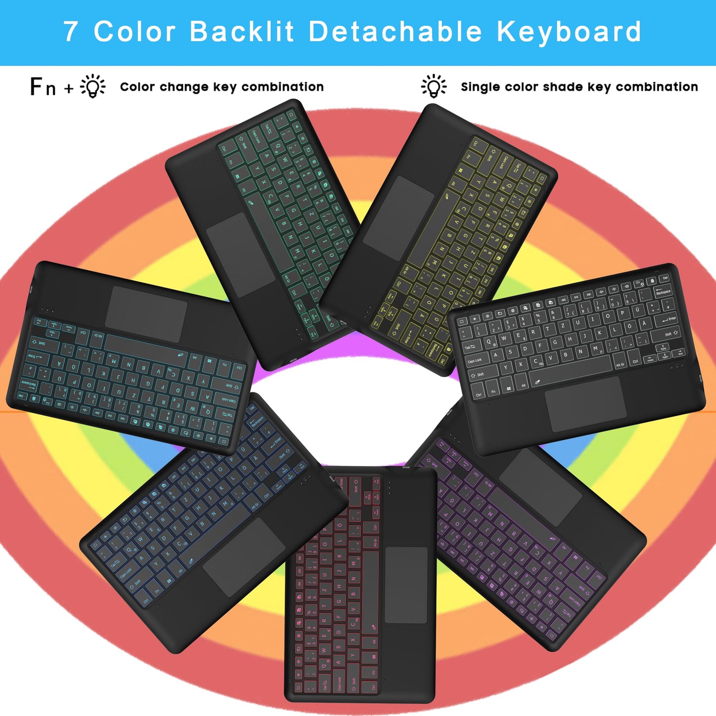 Keyboard case for Samsung Galaxy Tab S9 FE Plus / S9 Plus 12.4 Inch - 7 Color Backlit Touchpad Folio Tablet Cover - Backlit German QWERTZ Layout Keyboard for Tab S9 FE+ / S9+ Black