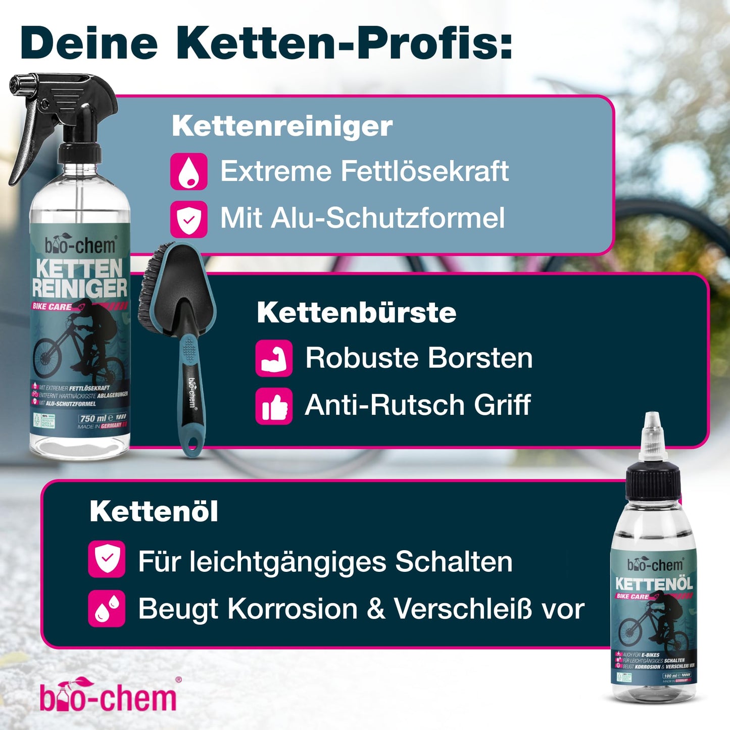 Bio-chem Premium Bike Cleaning Kit, 9-piece set for all bikes & e-bikes | Effective and gentle care products: bike cleaner, chain cleaner, chain oil, frame care + high-quality accessories