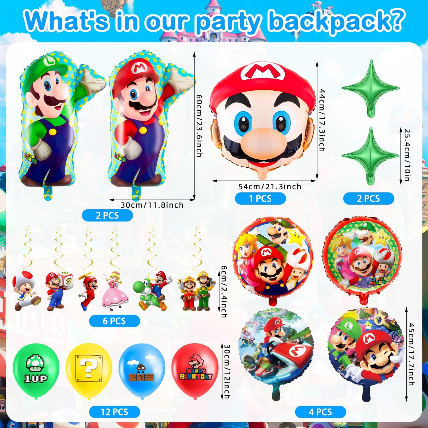 102Pcs Ma Rio paper plates children's birthday decor Super Bros birthday tableware set birthday decorations party tableware party decor tablecloth napkins plates and cups balloon banner cake decoration for 20 guests.