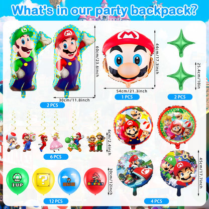 102Pcs Ma Rio paper plates children's birthday decor Super Bros birthday tableware set birthday decorations party tableware party decor tablecloth napkins plates and cups balloon banner cake decoration for 20 guests.