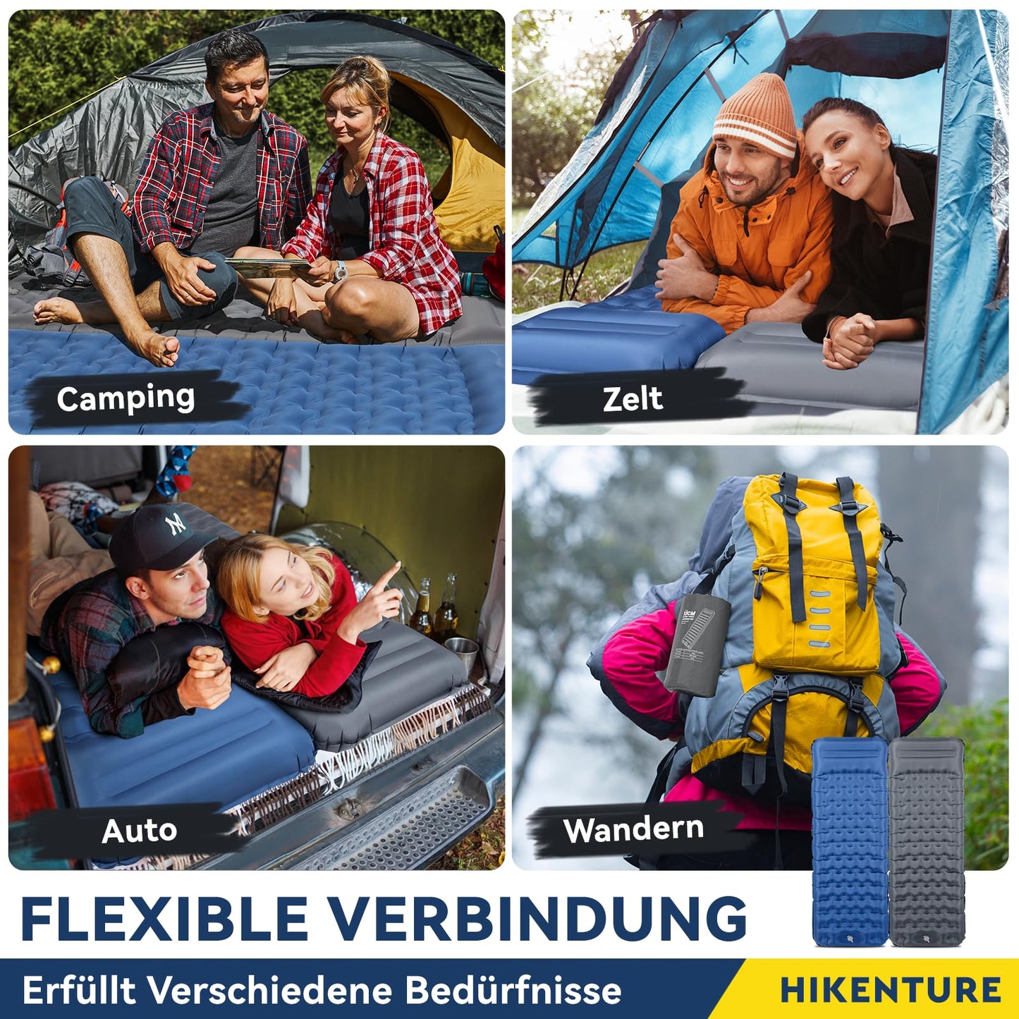 HIKENTURE Self Inflating Sleeping Pad, 13CM Thick Camping Mat with Pillow, Inflatable Air Mattress Small Pack Size, Ultralight Sleeping Mat with Foot Pump for Outdoor, Hiking, Tent - Gray
