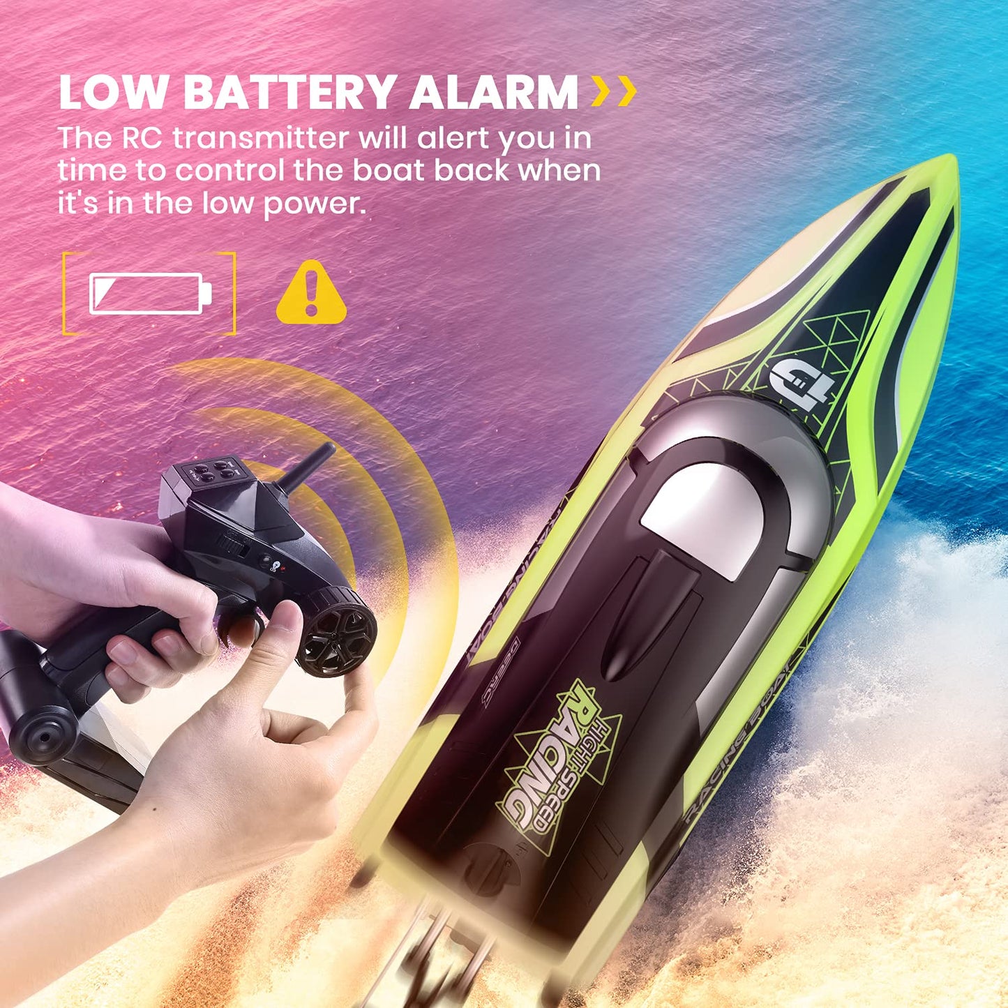 DEERC RC boat with LED light, remote controlled, for pools and lakes, 20+ km/h, 2.4GHz racing boats with 2 batteries, pool toy for kids, remote controlled watercraft (Green)
