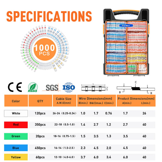 Kuject 1000PCS Solder Seal Wire Connectors AWG 26-10, Marine Grade Waterproof Heat Shrink Wire Connectors in Portable Storage Box with Handle and Removable Organizers (5 Colors/5 Sizes)