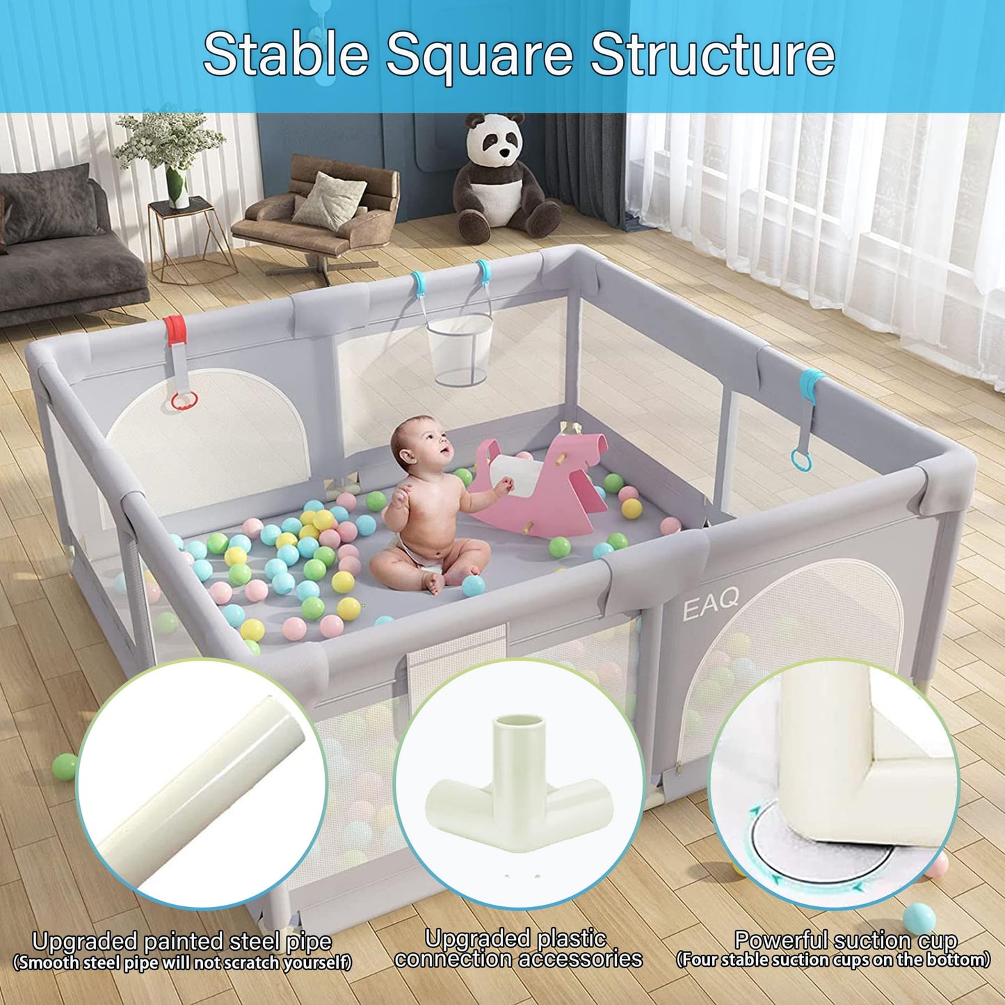 EAQ Baby Playpen 150x150cm Playard Safety Playground with super soft, breathable mesh, children's fence for infants toddlers