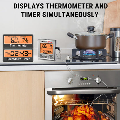 ThermoPro Digital Meat Thermometer Grill Thermometer Roast Thermometer Oven Thermometer with Timer and Backlit Temperature range up to 300°C Kitchen thermometer for BBQ Grill Smoker