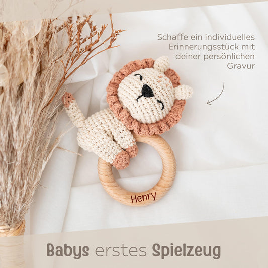 miracle wish® - Personalized Teething Ring Baby - Cute Grasping Toy for Babies from 0 months - Baby rattle with name as baby gift for girls and boys (lion lying down, without name)