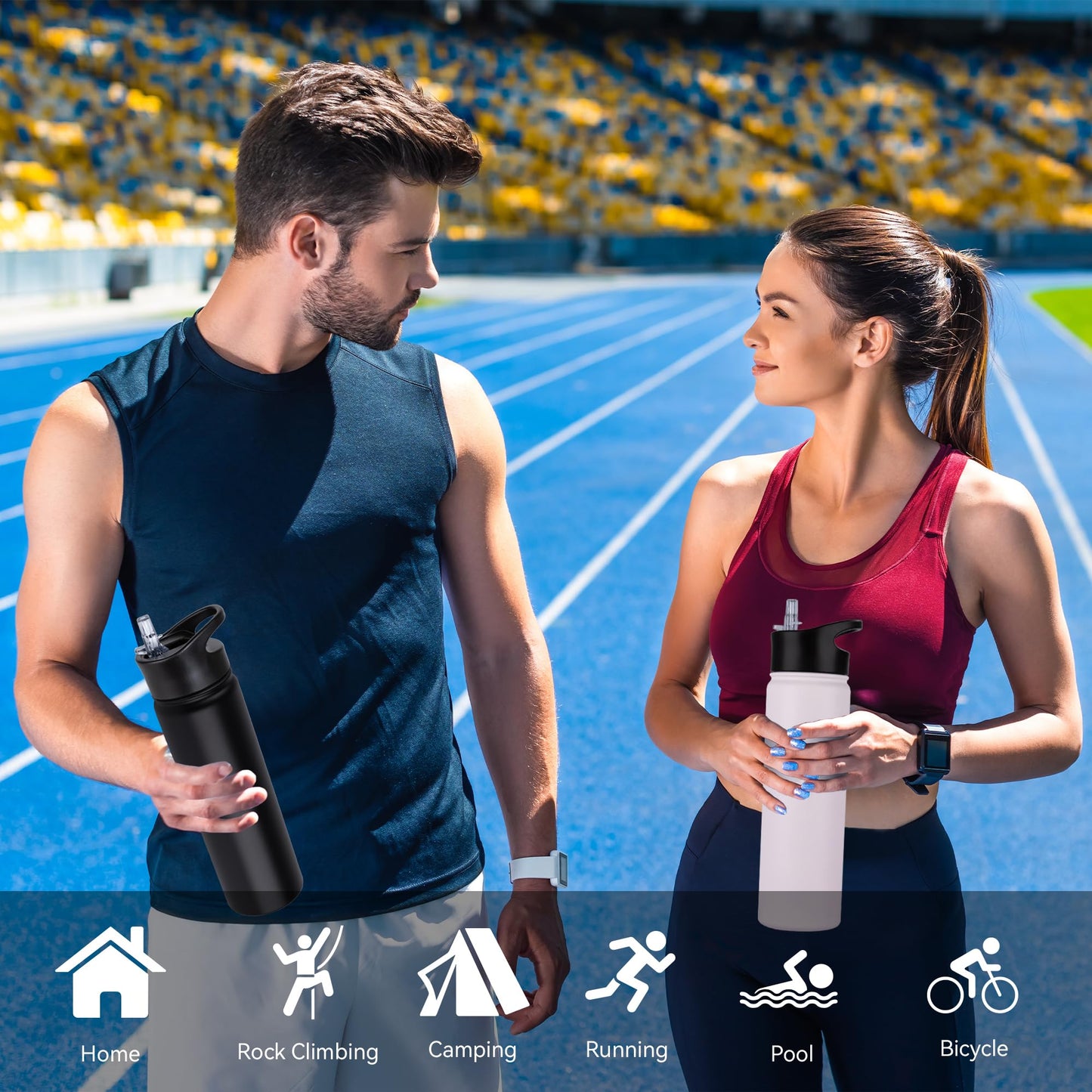 UMBFUN stainless steel water bottle - 750ml - with straw, leak-proof, suitable for carbonated drinks, BPA free thermos bottle (+2 lids) Vacuum double-wall insulation for sports, travel, camping, school, bike, gym.