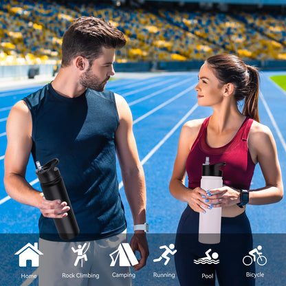 UMBFUN stainless steel water bottle - 750ml - with straw, leak-proof, suitable for carbonated drinks, BPA free thermos bottle (+2 lids) Vacuum double-wall insulation for sports, travel, camping, school, bike, gym.