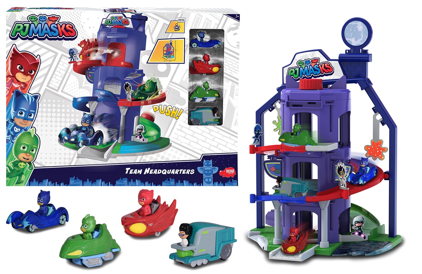 Jada Majorette SMY203145002 PJM Garage with Quarter General + 4 Vehicles PJ Masks Pyjamasques Miniature Cars Box, Multicolor