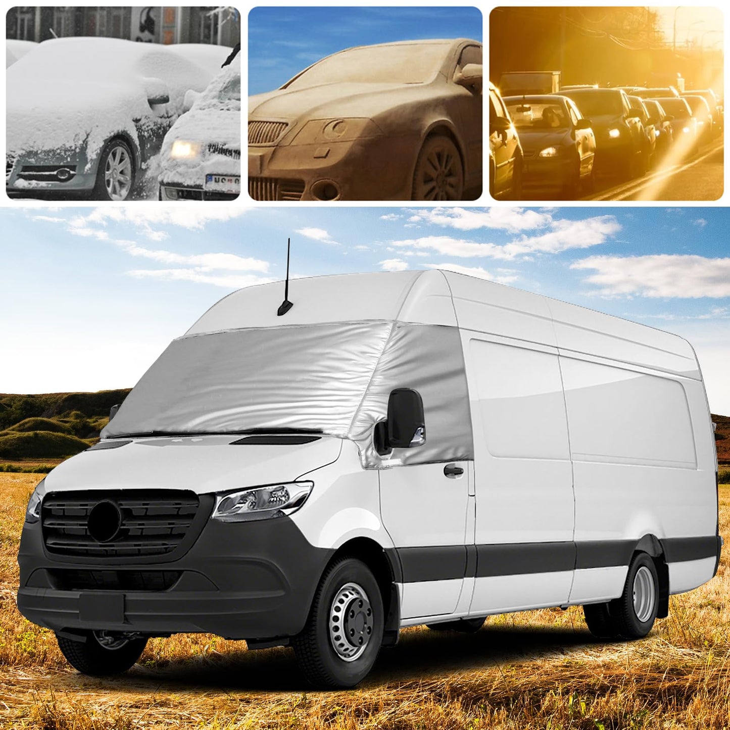 External thermal windshield cover for Mercedes Sprinter 2019-2024, luxury silver wrap windshield cover, foldable front windshield cover for winter and summer windshield frost protection.