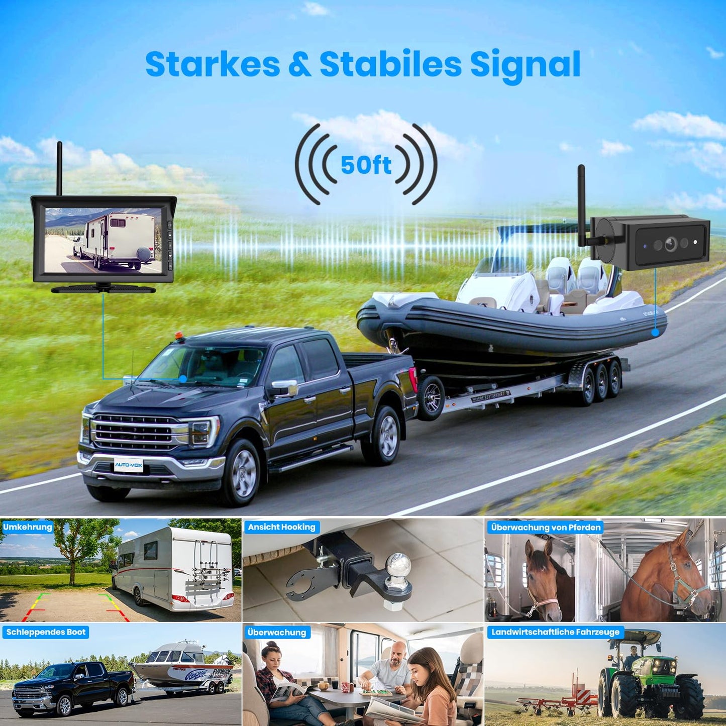 AUTO-VOX Solar Truly Wireless Backup Camera Kit with IR Night Vision, 1080P Wireless Digital Backup Camera with 7" Split-Screen Monitor for Truck, RV, Camper, Trailer, Van, Bus (Solar4)