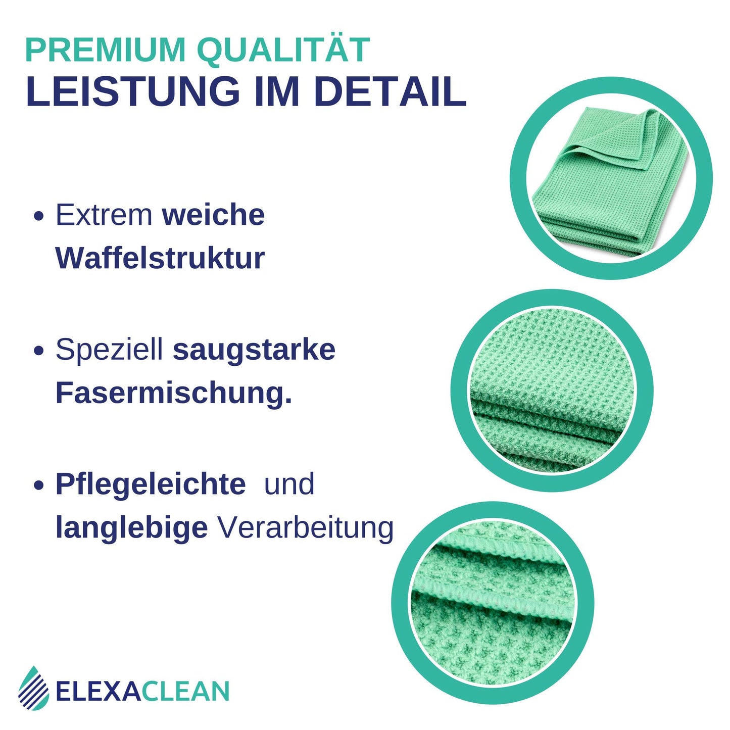 ELEXACLEAN Microfiber Drying Towel, Premium Waffle Cloth (4 pieces, 60x40 cm, Green) super soft quality for car, glass, kitchen, dishes, bathroom.