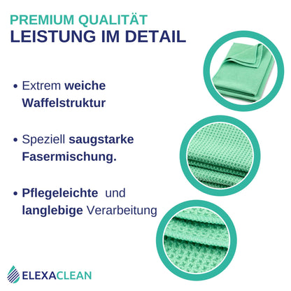 ELEXACLEAN Microfiber Drying Towel, Premium Waffle Cloth (4 pieces, 60x40 cm, Green) super soft quality for car, glass, kitchen, dishes, bathroom.
