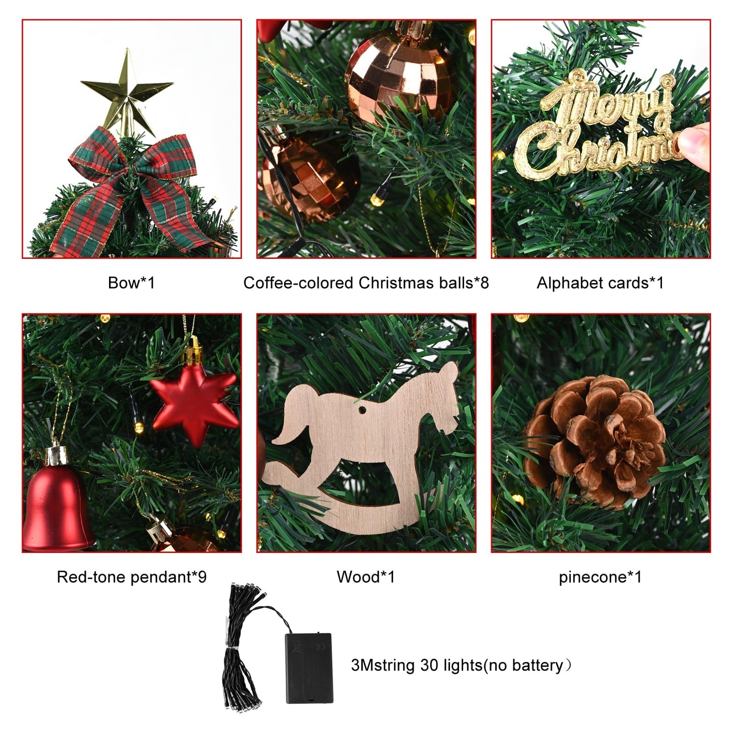 Artificial Christmas tree with 30 warm white LEDs 8 light modes KAMEUN 55CM Mini Christmas Tree Artificial, Flame Retardant PVC Pine Tree, Christmas Tree with Ornaments, Indoor Decoration