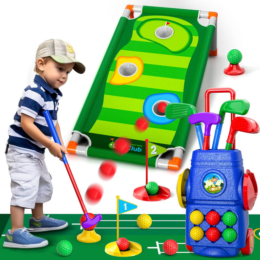 Doloowee Kids Golf Clubs, 2 in 1 Toddler Golf Set with Golf Board, Putting Mat, 6 Balls, Indoor Outdoor Sports Toy Birthday Gifts for Boys Girls 3 4 5 6 Years Old