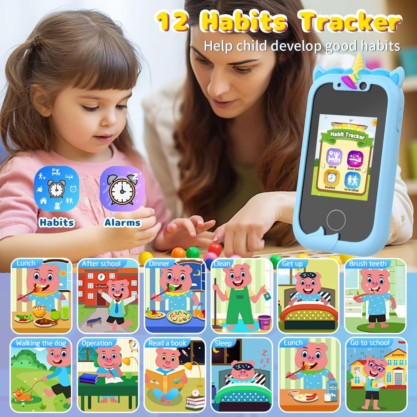 Ashfly 2.4" Unicorn Kids Camera, 1080P HD Dual Camera Children's Toy, Recordable Video, Kids Smartphone Toy with SD Card, Pretend Smartphone for 3-10 Year Old Girls and Boys.