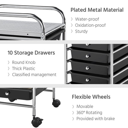 Yaheetech bathroom cart with 10 stackable drawers and metal frame. Bathroom trolley with shelves, 32×36.5×90.5 cm black.