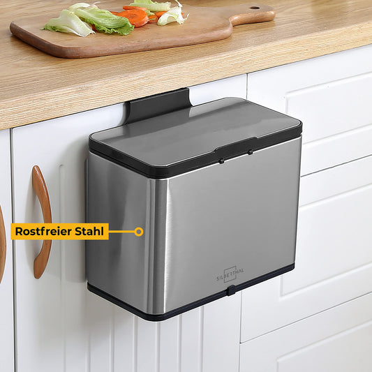 SILBERTHAL 3L stainless steel kitchen compost bin with lid and activated carbon filter. Dishwasher-safe inner container for odor-free composting in the kitchen.