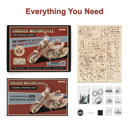 ROKR 3D Puzzle Wooden Building Set Mechanical Gear Model Cruiser Motorcycle for Kids Adults.