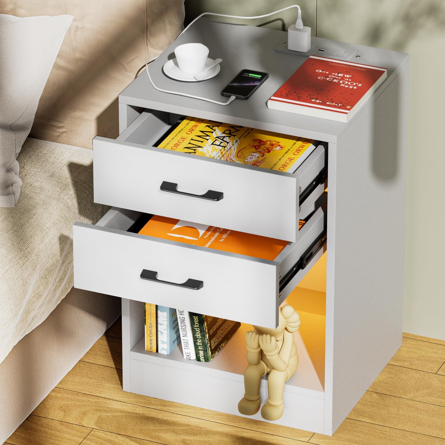 PIPIPOXER nightstand with socket & USB, bedside table LED with 2 drawers nightstand for living room, bedroom bed 40x35x60cm White