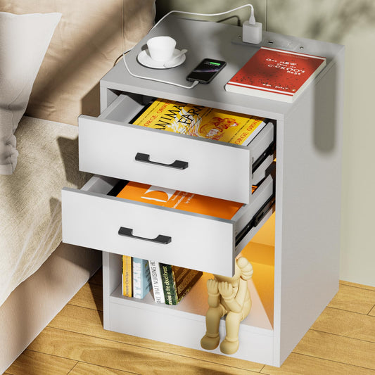 PIPIPOXER nightstand with socket & USB, bedside table LED with 2 drawers nightstand for living room, bedroom bed 40x35x60cm White