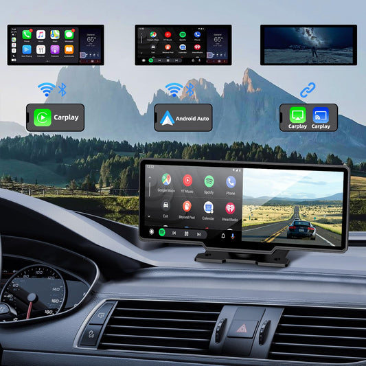 NVKHG Wireless CarPlay for CarPlay/Android Auto, featuring a 9.3-inch CarPlay touchscreen, dual camera, 4K+1080P dashcam & rearview camera, with AUX IN/Bluetooth/FM/GPS/Siri/Google Assistant.